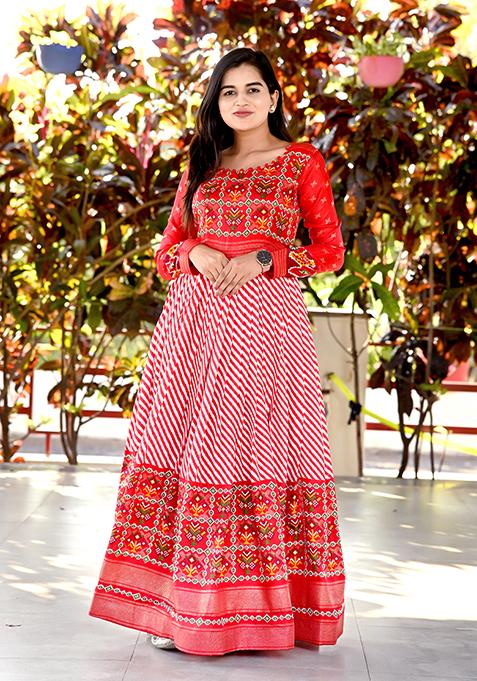 Red Patola Foil Print Pashmina Silk Kurta Set