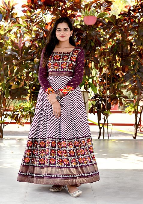 Wine Patola Foil Print Pashmina Silk Kurta Set