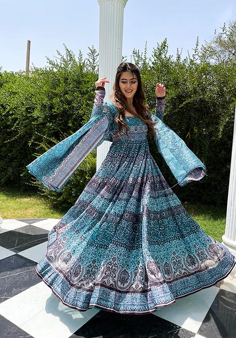 Sky Blue Digital Print Chanderi Anarkali Set