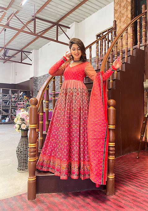 Pink Digital Print Chanderi Anarkali Set