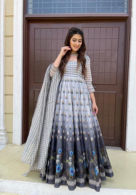 Grey Digital Print Chanderi Anarkali Set