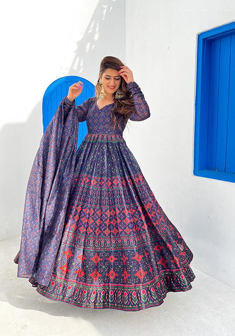 Blue Digital Print Chanderi Anarkali Set