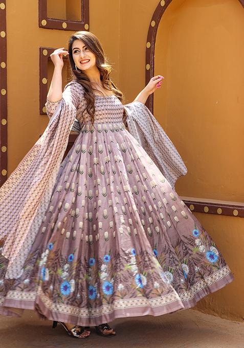 Pastel Pink Digital Print Chanderi Anarkali Set