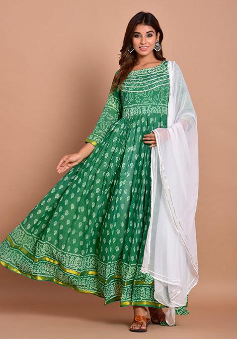 Green Printed Gota Patti Work Rayon Kurta Set