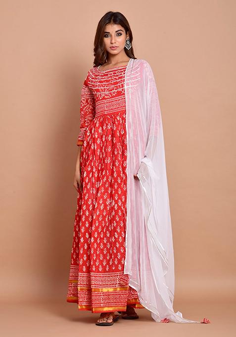 Red Printed Gota Patti Work Rayon Kurta Set