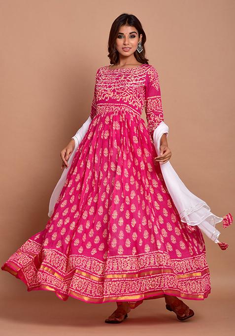 Pink Printed Gota Patti Work Rayon Kurta Set