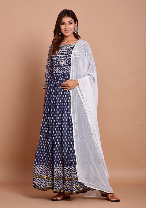 Navy Blue Printed Gota Patti Work Rayon Kurta Set