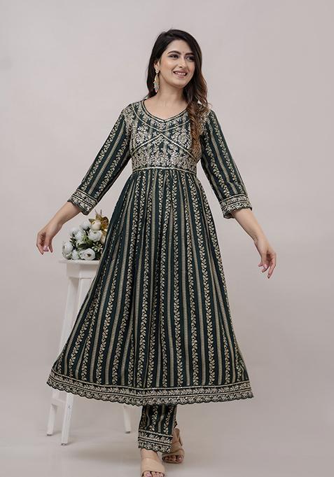 Green Digital Print Embroidered Rayon Cotton Kurta Set