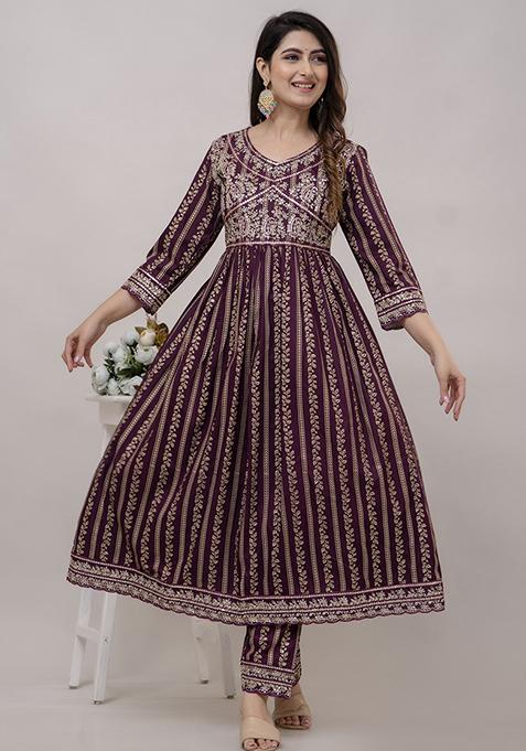 Wine Digital Print Embroidered Rayon Cotton Kurta Set