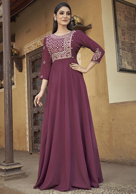 Purple Thread Embroidered Muslin Kurta Set