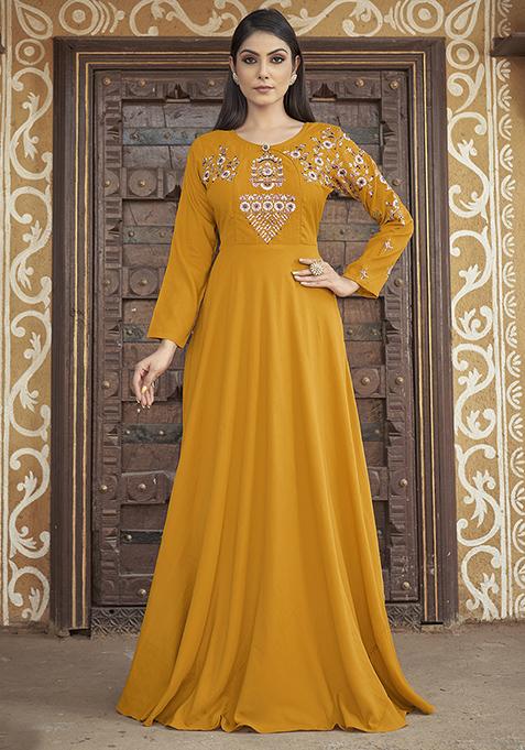 Yellow Thread Embroidered Muslin Kurta Set