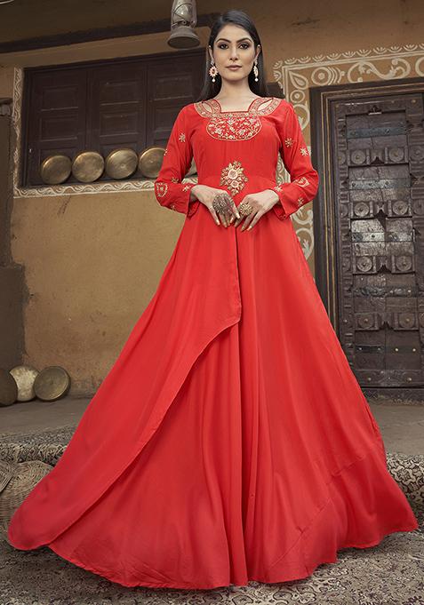 Red Thread Embroidered Muslin Kurta Set