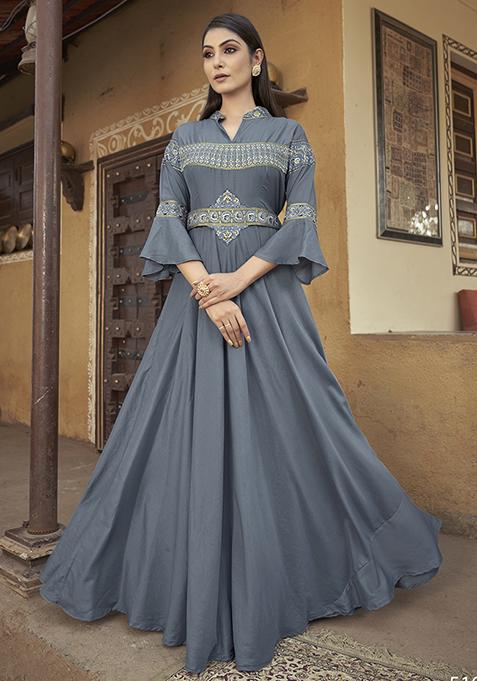 Grey Thread Embroidered Muslin Kurta Set