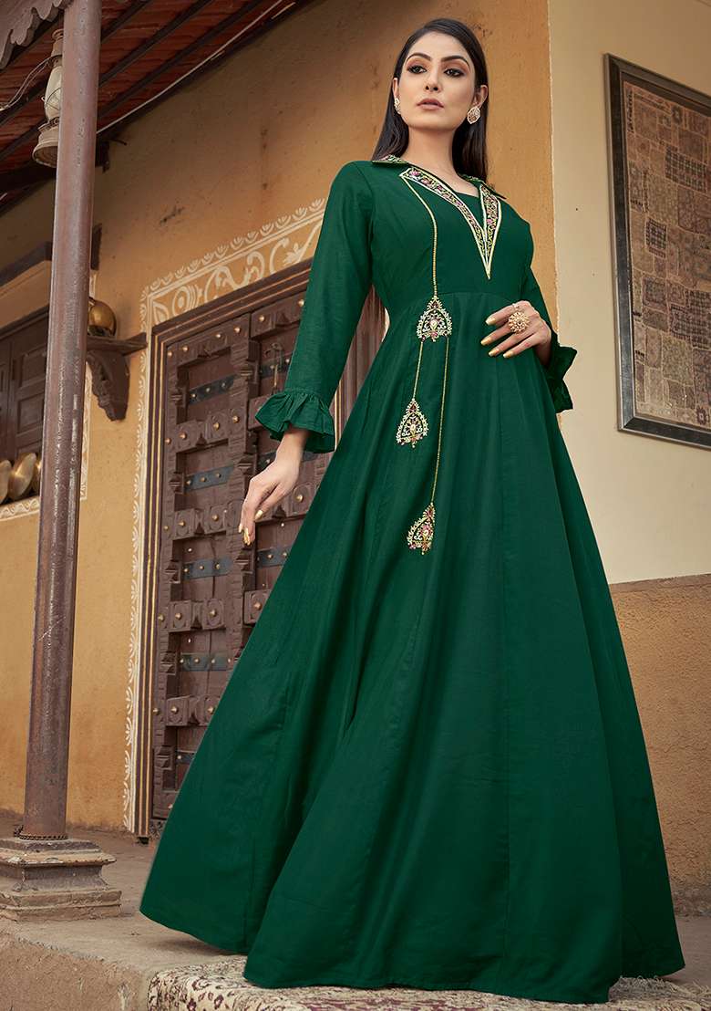 Green Thread Embroidered Muslin Kurta Set - Indya