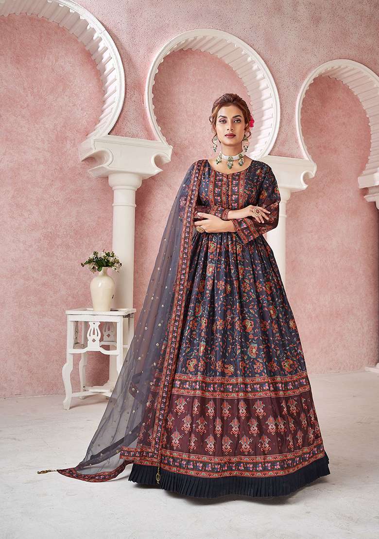 Navy Blue Digital Print Dola silk Kurta Set - Indya
