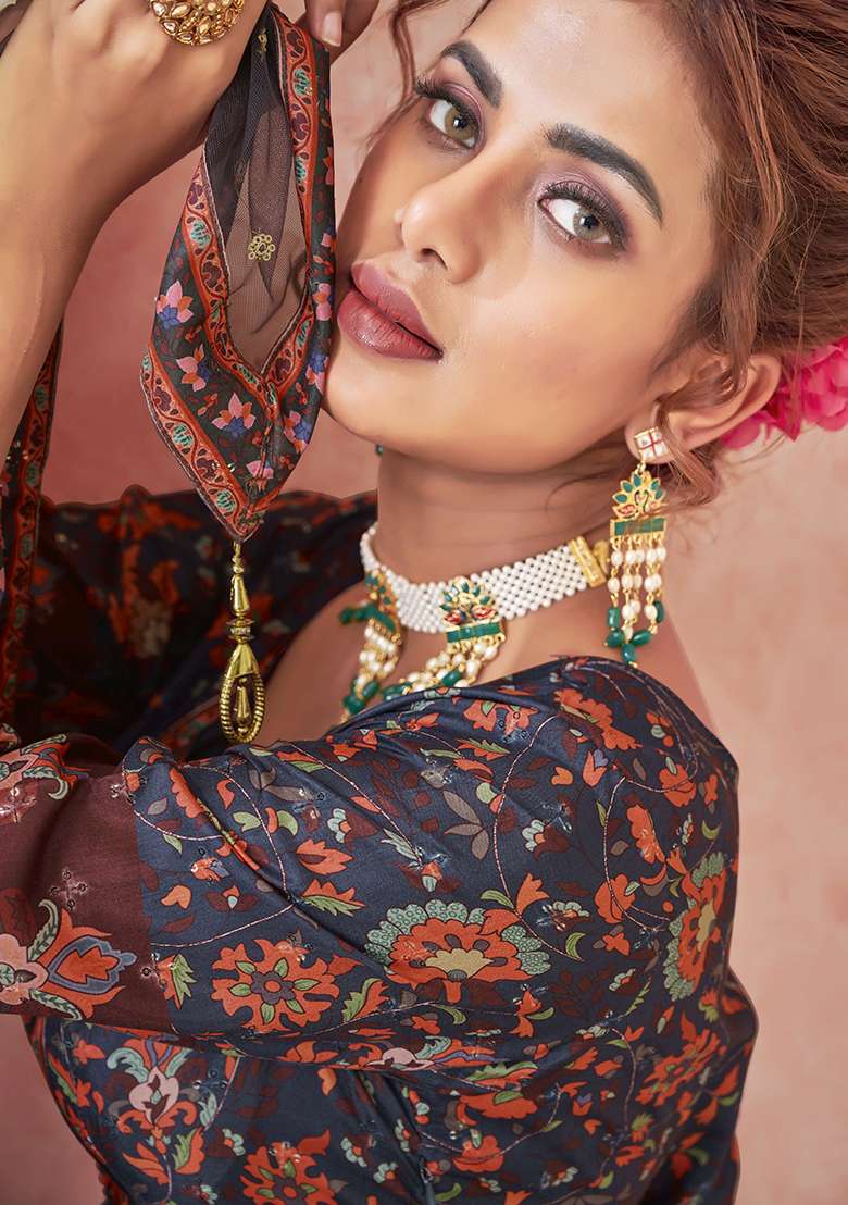 Navy Blue Digital Print Dola silk Kurta Set - Indya