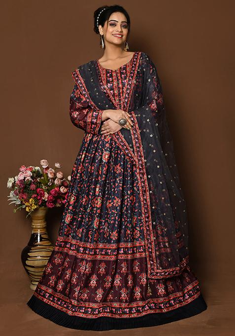 Navy Blue Digital Print Dola silk Kurta Set