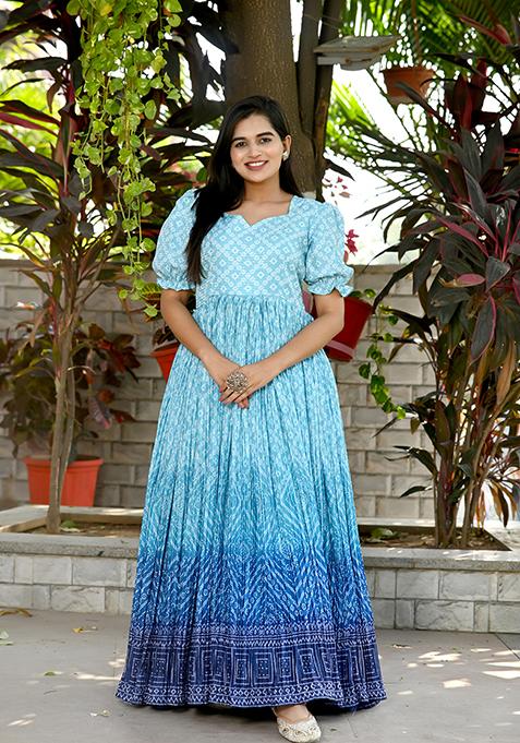 Sky Blue Bandhej Print Muslin Crochet Kurta Set