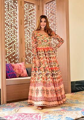 Peach Digital Print Muslin Kurta Set
