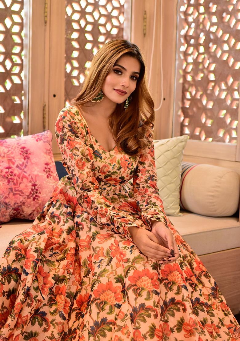 Peach Digital Print Muslin Kurta Set