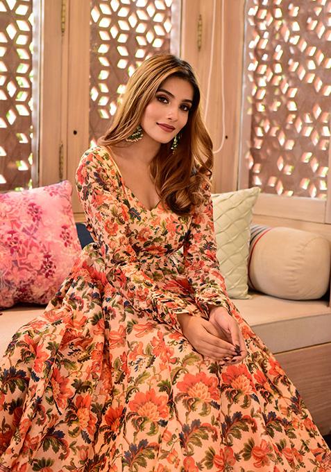 Peach Digital Print Muslin Kurta Set