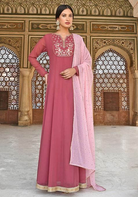 Rose Pink Embroidered Georgette Kurta Set