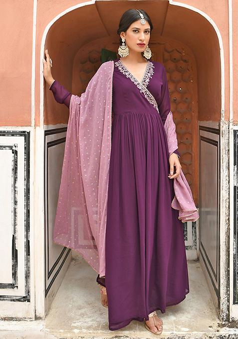 Wine Embroidered Georgette Kurta Set