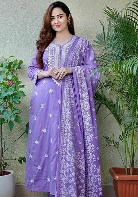 Lavender Printed Cotton Kurta Set