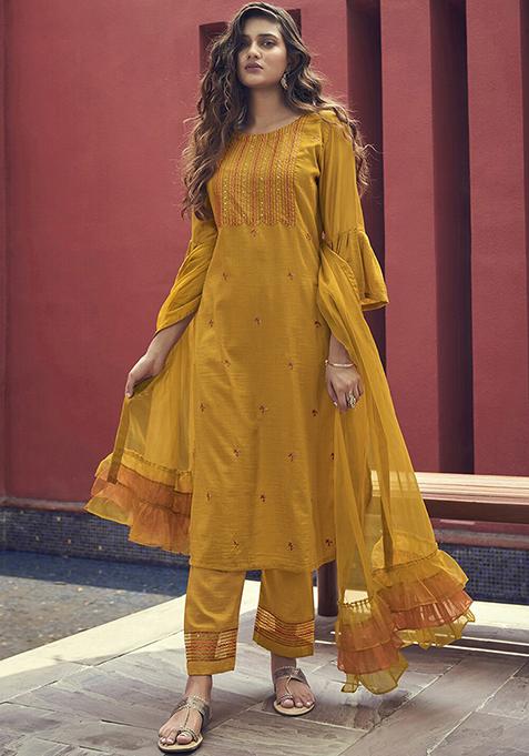 Mustard Embroidered Viscose Kurta Set