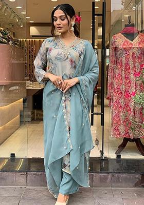Grey Printed Organza Kurta Set