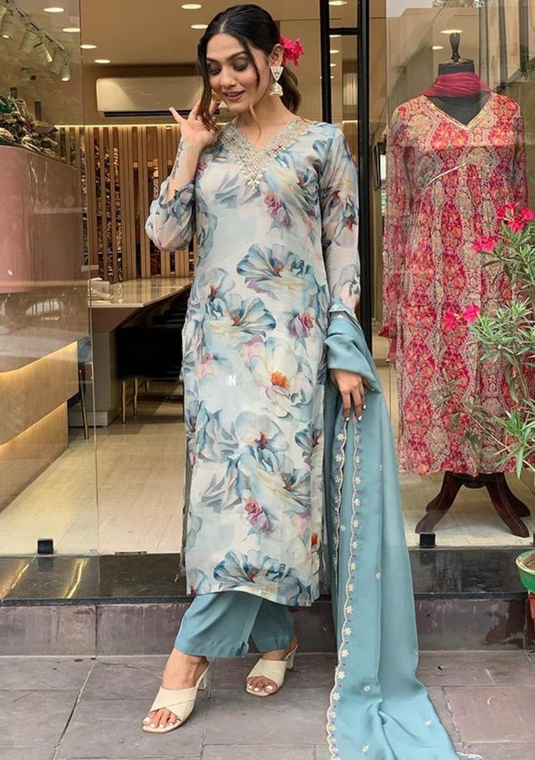 Grey Printed Organza Kurta Set