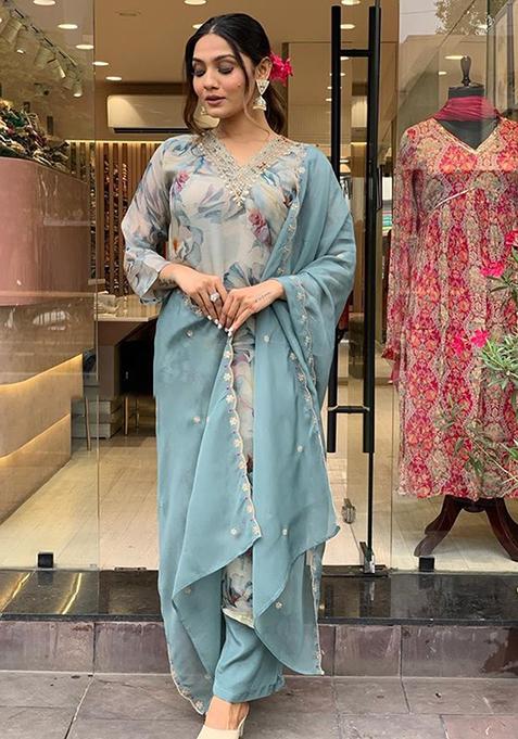 Grey Printed Organza Kurta Set