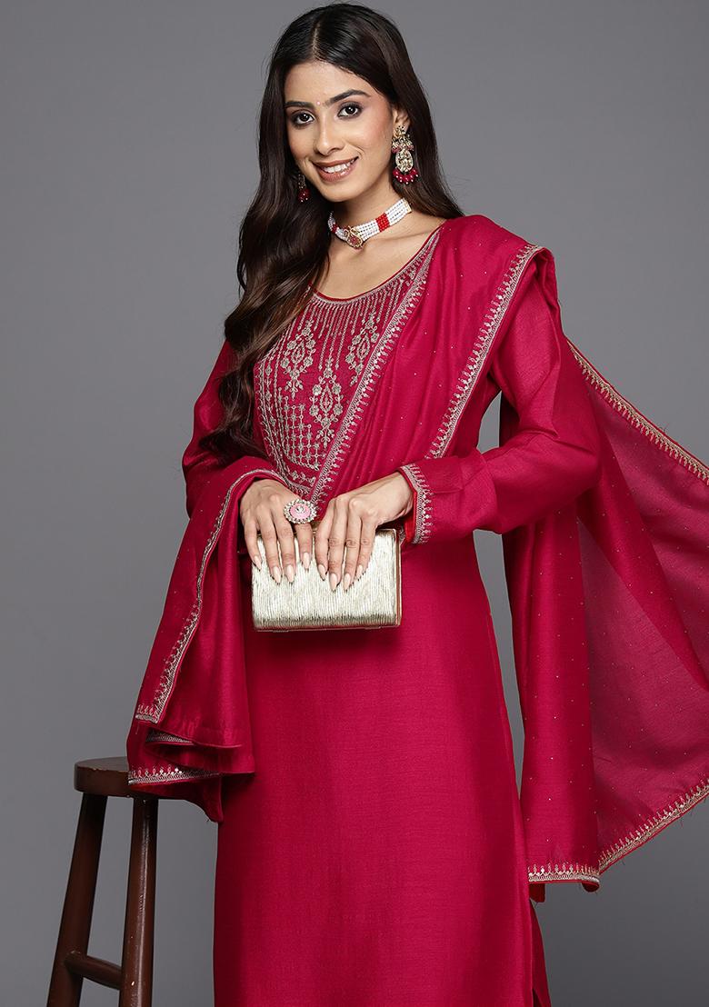 Red Embroidered Vichitra Kurta Set