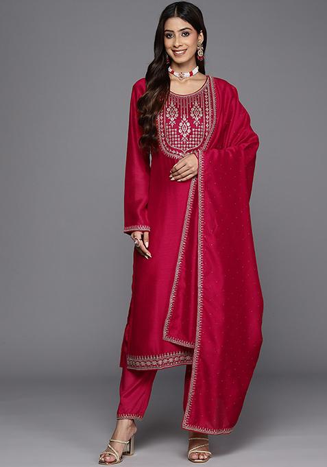 Red Embroidered Vichitra Kurta Set