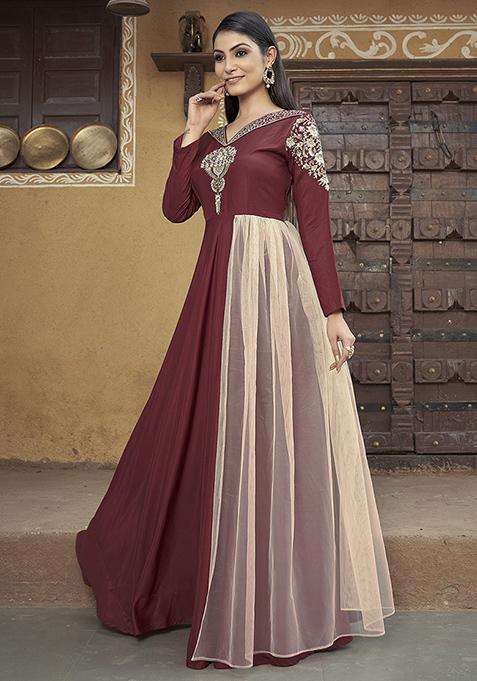 Maroon Thread Embroidered Muslin Kurta Set