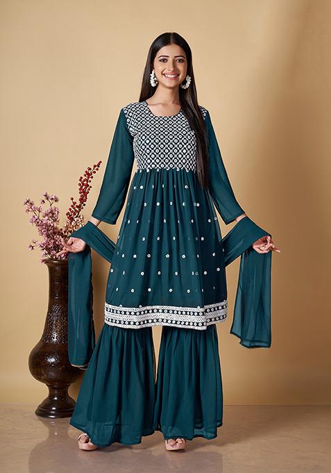 Blue Embroidered Georgette Kurta Set