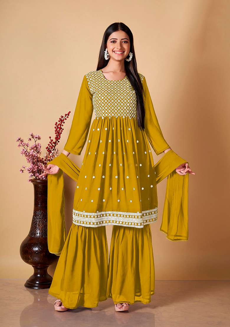 Yellow Embroidered Georgette Kurta Set - Indya