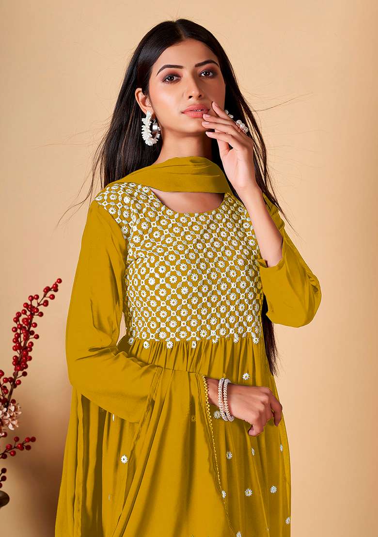Yellow Embroidered Georgette Kurta Set - Indya