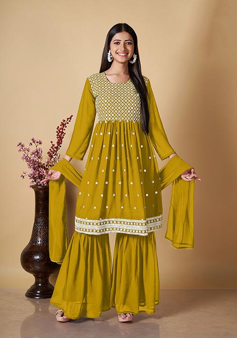 Yellow Embroidered Georgette Kurta Set