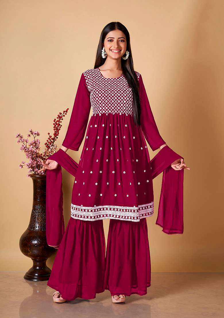 Maroon Embroidered Georgette Kurta Set - Indya