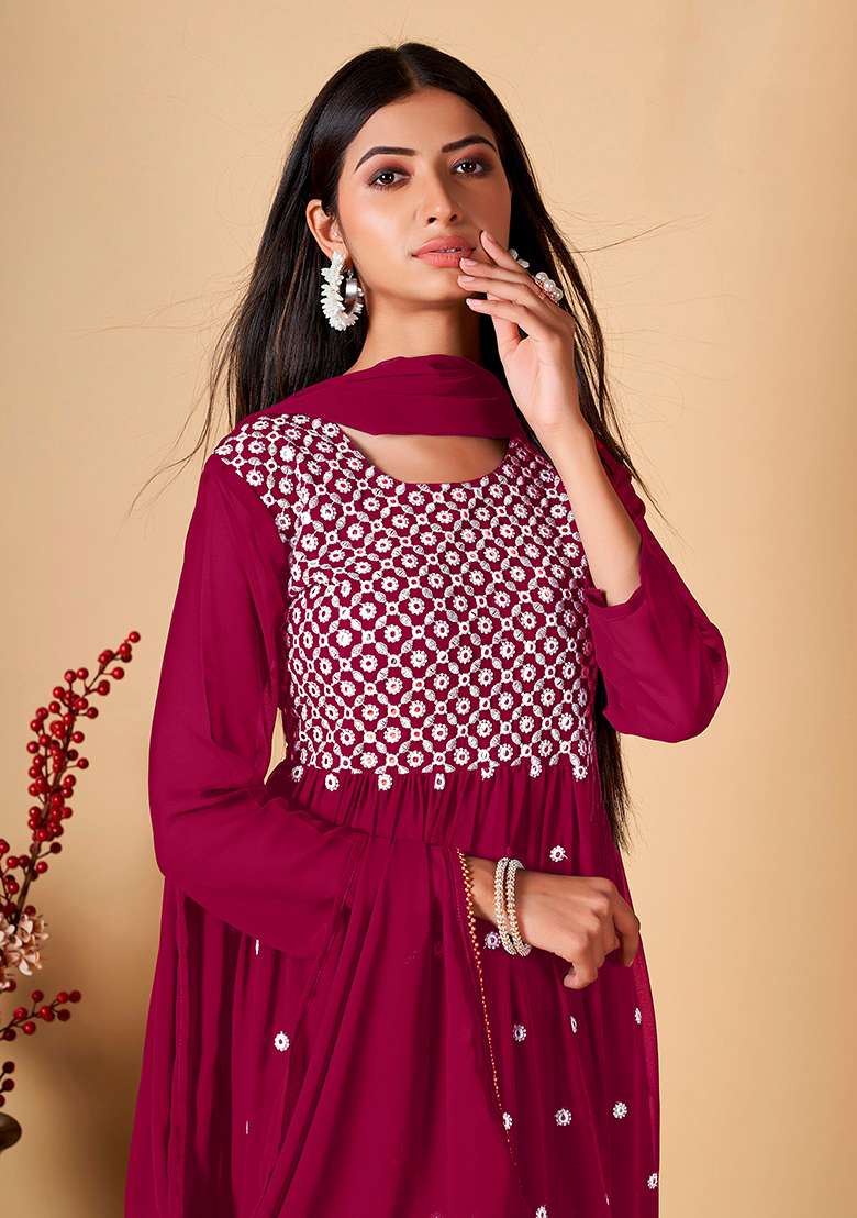 Maroon Embroidered Georgette Kurta Set - Indya