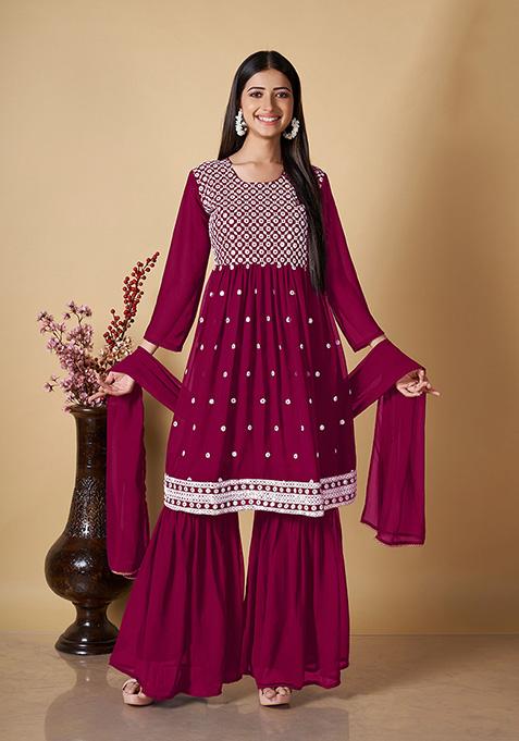 Maroon Embroidered Georgette Kurta Set