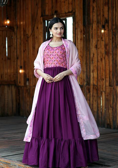 Pink Printed Sequin Embroidered Chinon Kurta Set