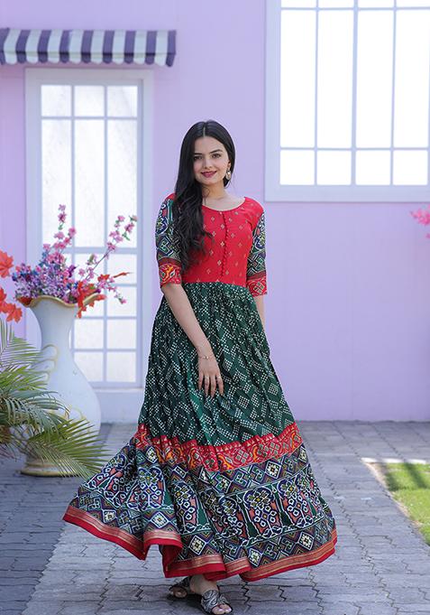 Green Patola Foil Print Dola Silk Kurta Set