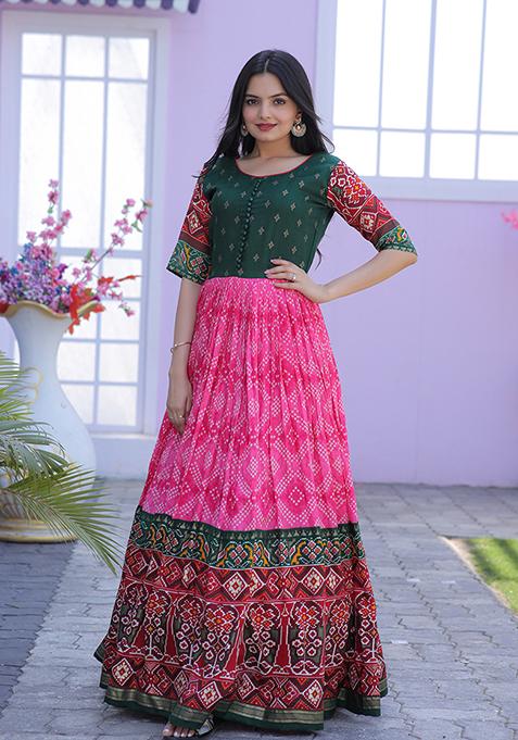 Pink Patola Foil Print Dola Silk Kurta Set