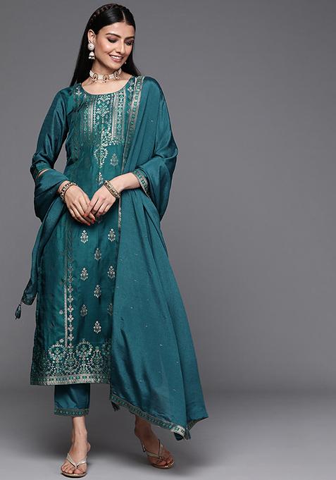 Petrol Woven Jacquard Viscose Kurta Set