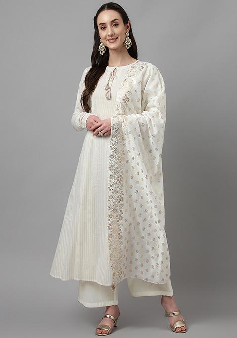 White Printed Woven Handcrafted Cotton Kurta Set