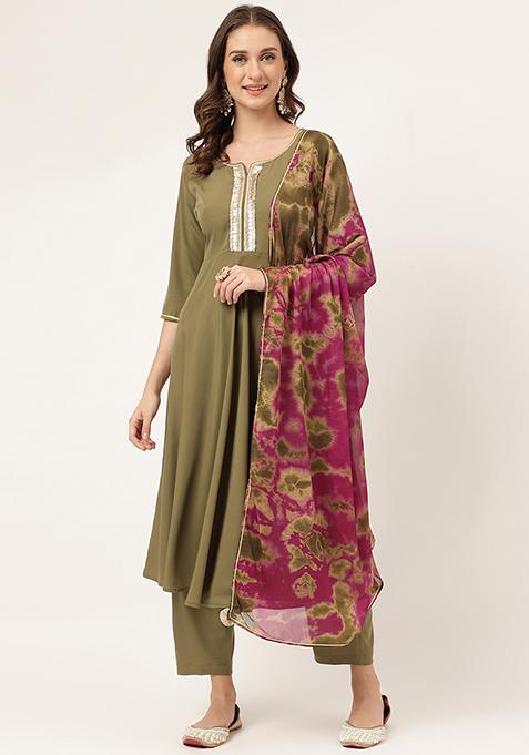 Green Solid Crepe Kurta Set