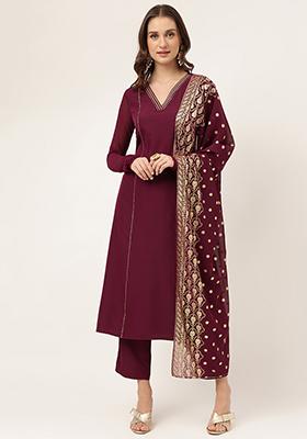Burgundy Printed Crepe Kurta Set