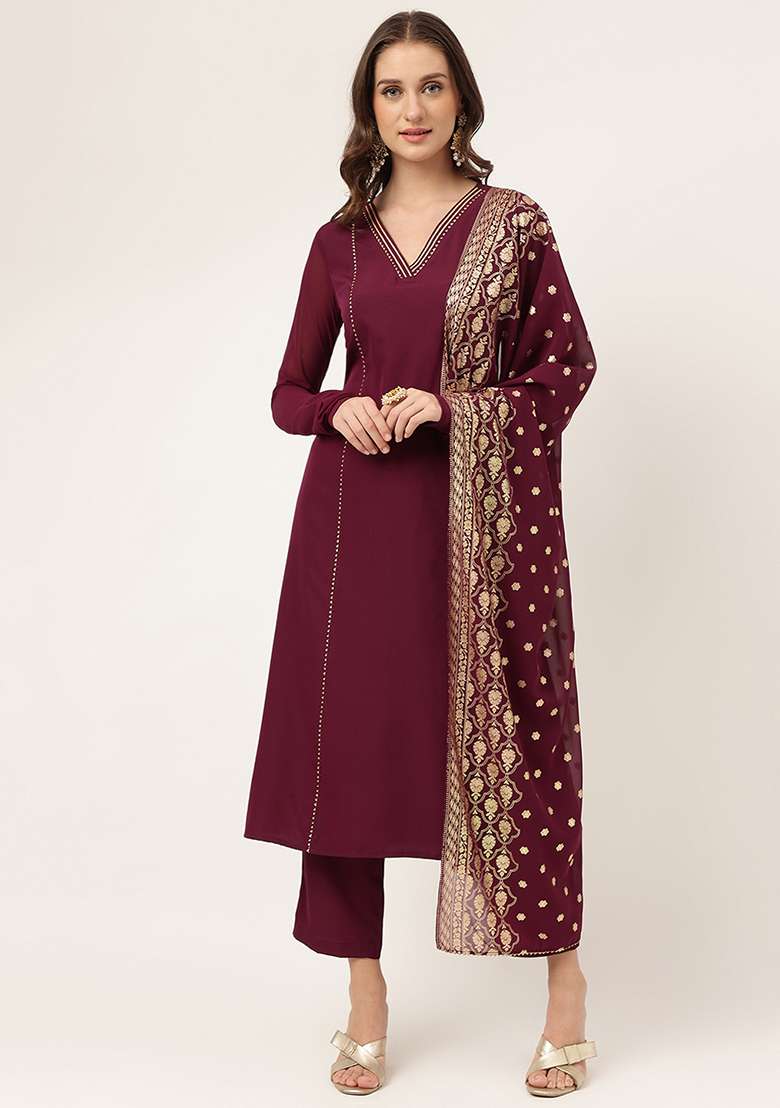 Burgundy Printed Crepe Kurta Set - Indya